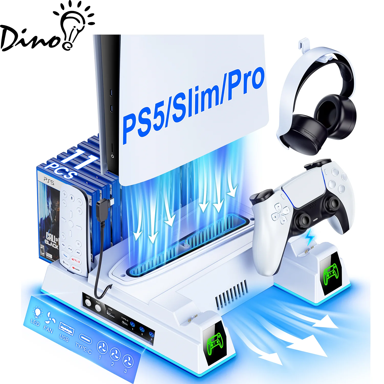 

Подставка DinoFire для охлаждения и зарядки PS5 - 3-скоростной вентилятор, RGB-подсветка, двойное зарядное устройство, 11 слотов для игр, крючок для наушников, игровая подставка