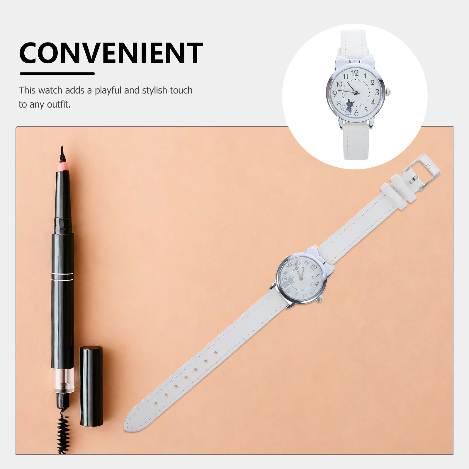 Analog Quartz Watch Cute Cat Pattern Lightweight PU Strap Metal Face School Daily Casual Watch
