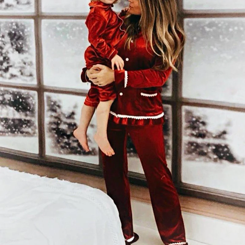 

Red Velvet Family Matching Pjs Christmas Mother Kids Pajamas Sleepwear Baby Clothes Loungewear Red Boys Girls Pyjamas Set