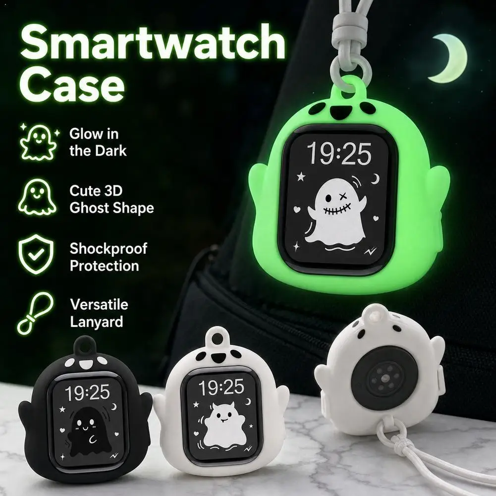 Cute 3D Glow In The Dark Ghost Silicone Case For Apple Watch Series S11 S10 S9 Ultra Shockproof Lanyard Cover 38-42mm
