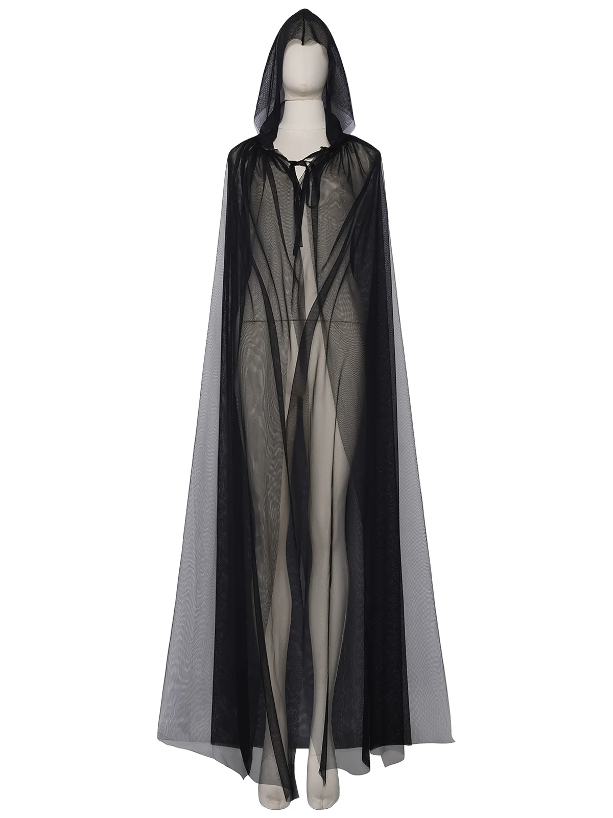 

Dark Witch Mesh Cloak Double Layer Thin Veil Shoulder Wrap Hooded Belted Stage Costume Halloween Robe for Women 18-25 Years Old