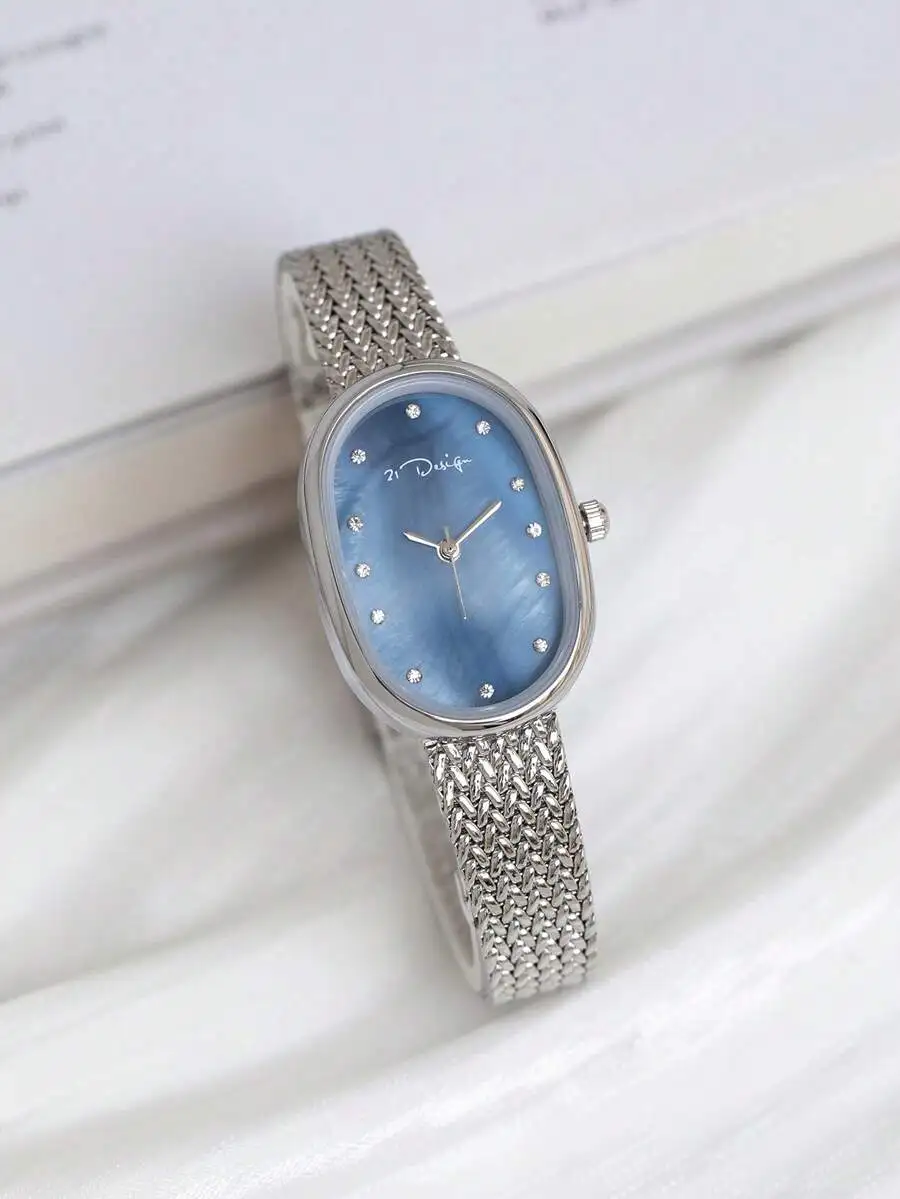 21design Oval-Shaped Mother Of Pearl Dial Woven Mesh Strap Waterproof Quartz Watch With Silver Shell