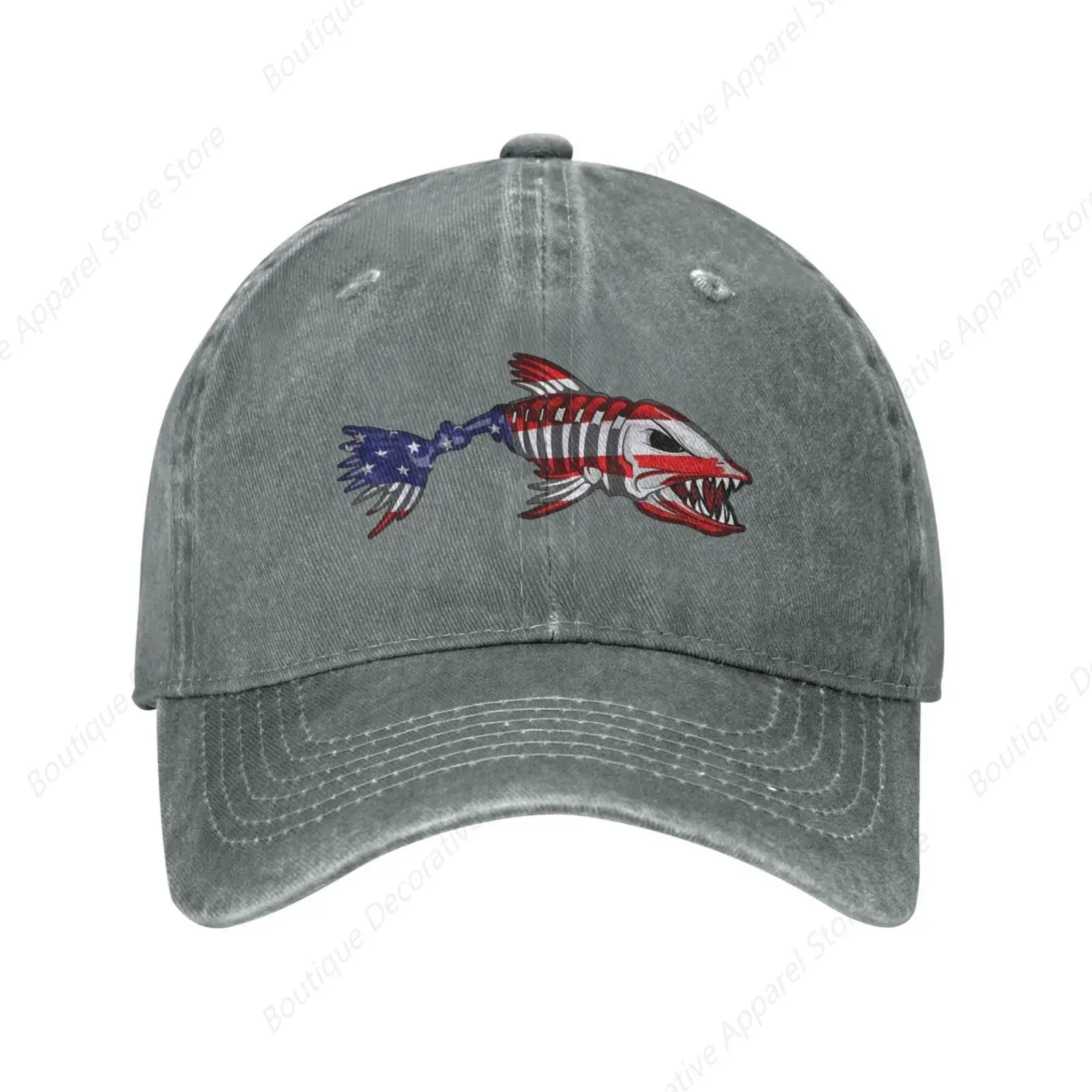 American Flag USA Bone Fish Vintage Washed Denim Baseball Cap Adjustable Dad Hats Gift for Men Women