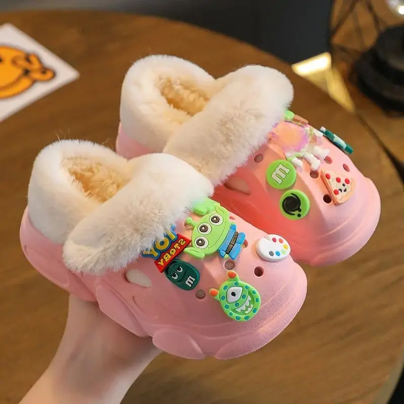 Kids Package Heel Cotton Slippers Cute Cartoon Children Warmly Shoes Waterproof Soft Sole Non-slip Girls Boys Baby Home Footwear