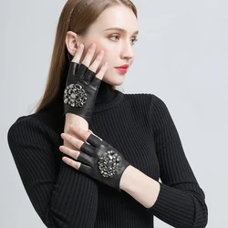 GOURS Fall and Winter Real Leather Gloves Women Black Genuine Goatskin Fingerless Gloves Fashion Stone Warm Mittens New GSL011