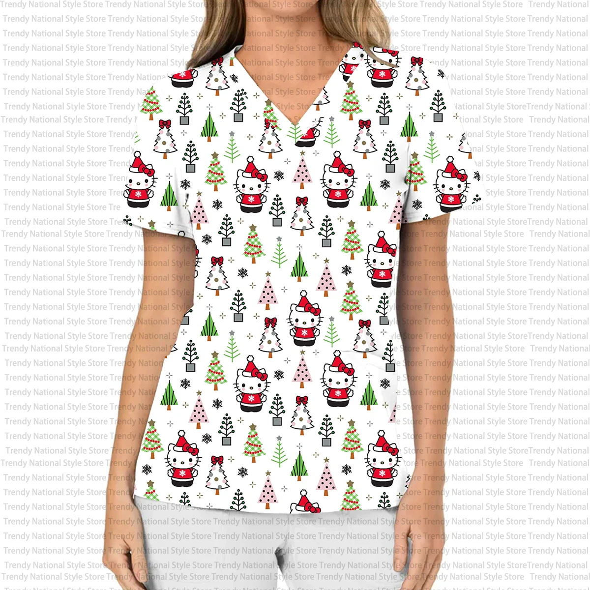 

Женская повседневная пригородная футболка с принтом «Hello Kitty», матовая футболка с v-образным вырезом и карманами, топ для медицинской лаборатории