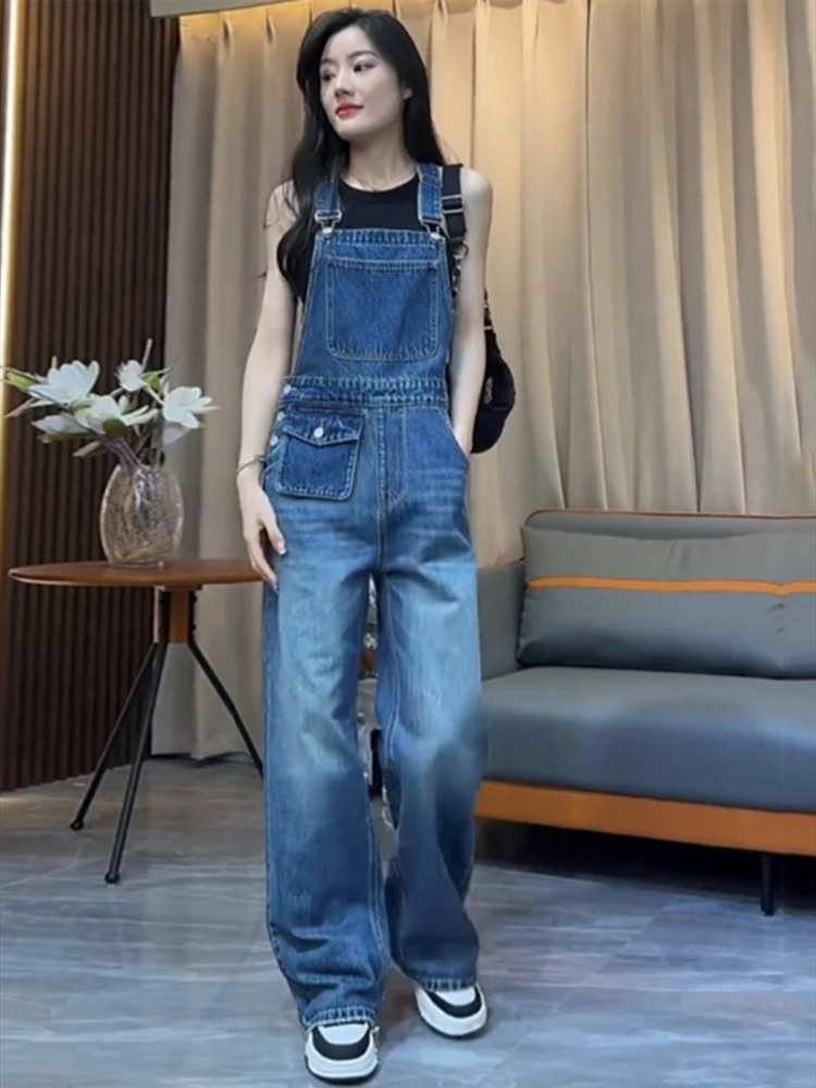 

Jeans Women Denim Cargo Pants Wide Leg Long Pant Jumpsuit Y2k Streetwear Button Pocket Casual Straight Trousers Overalls