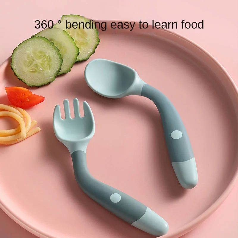 2pcs/set Baby Tableware Silicone Spoon Fork Set Bendable Soft Fork Children\'s Learning Eat Training Baby Assiste Eat Tableware
