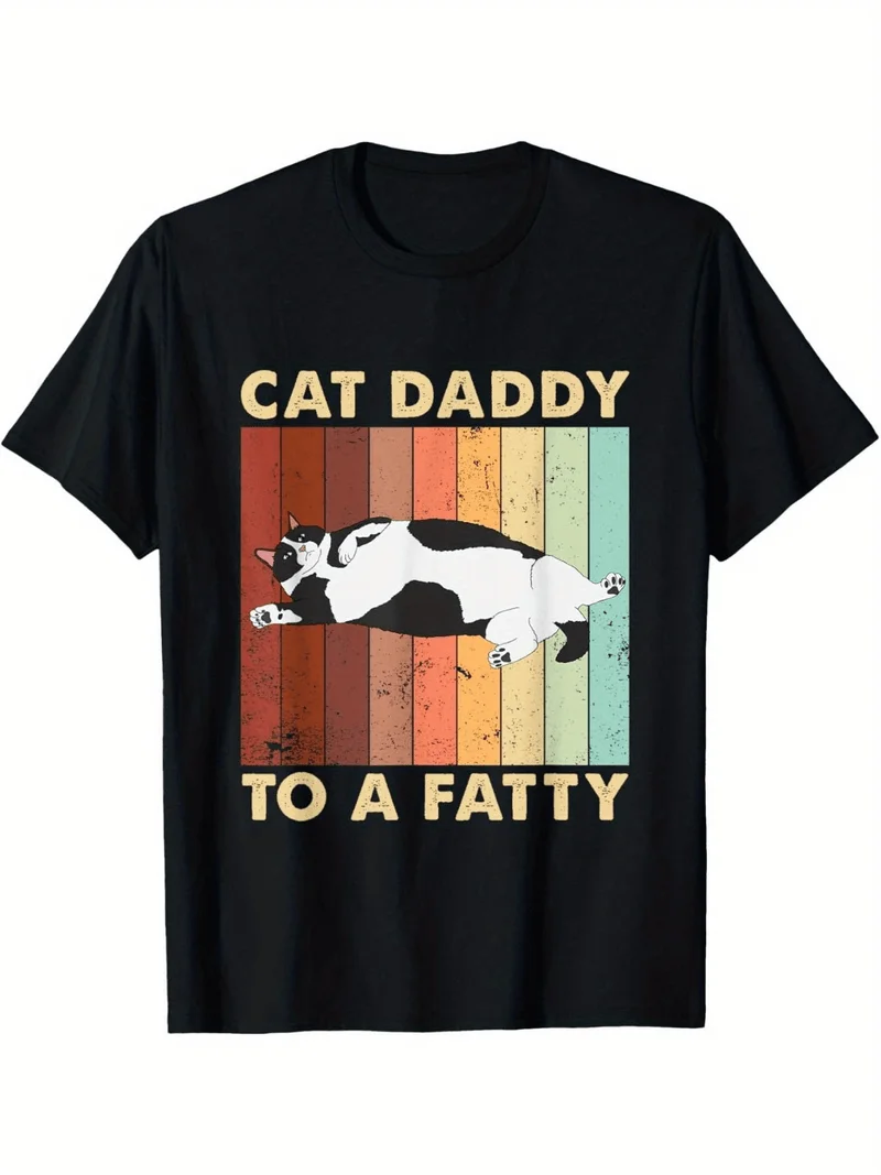 Black Short Sleeve Crew Neck T-Shirt Cat Daddy To A Fatty Graphic Vintage Retro Casual Unisex Pet Lovers Teens For Spring Summer
