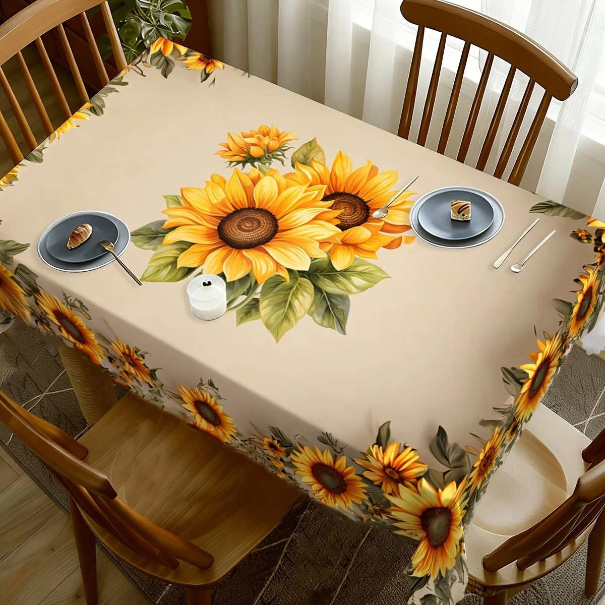 Yellow Sunflower Print Rectangle Tablecloth for Table Decor Washable Farmhouse Floral Green Leaf Dining Table Cloth Party Decor