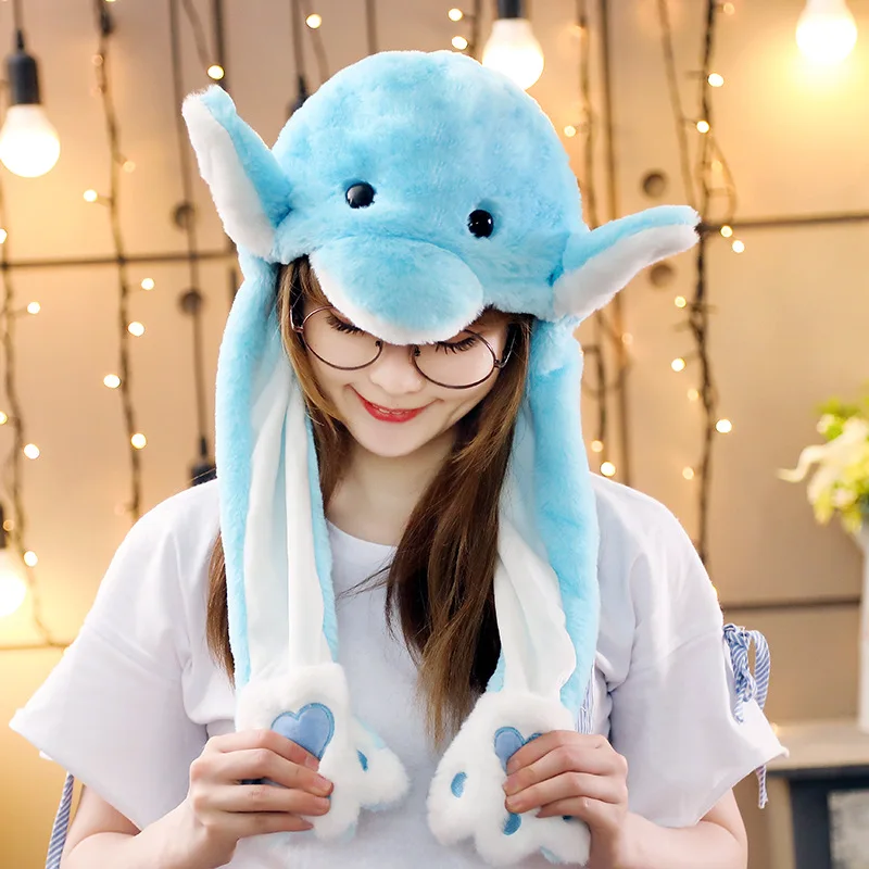 Blue Dolphin Animal Ear Moving Hat Adult and Kids Cute Plush Hats Cosplay Party Carnival Dress Costume Headgear Funny Duck Cap