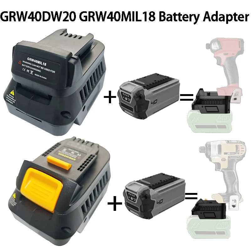 

GRW40DW20 GRW40MIL18 Battery Adapter for Greenworks 40V Batteries Converting To for Dewalt/Milwaukee 18/20V Cordless Power Tools