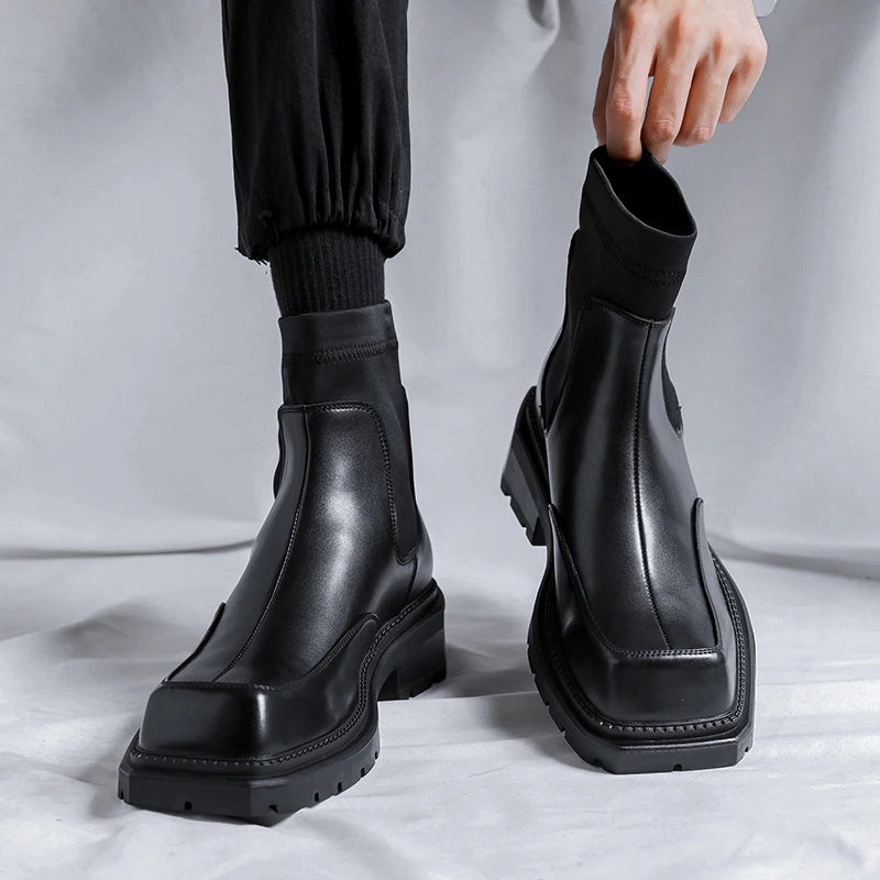 men luxury fashion chelsea boots brand designer square toe shoes punk nightclub dress cowboy original leather boot ankle botas