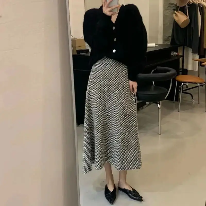 New Fashion Plaid Woven Tweed Skirt Women Elegant High Waist A-Line Spring Autumn Skirts Casual Jupe Office Lady