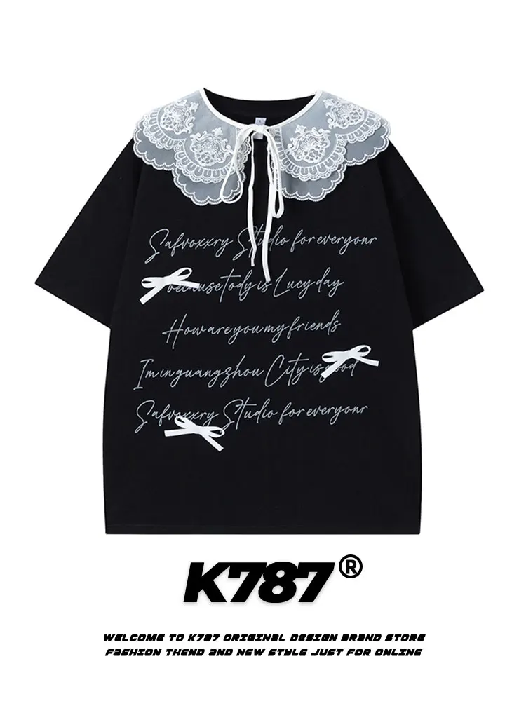 K787 Camiseta de Verano de Algodón para Mujer, Estilo Retro Americano, con Cuello Marinero y Encaje, Manga Corta, con Lazo, Estilo Holgado y Dulce