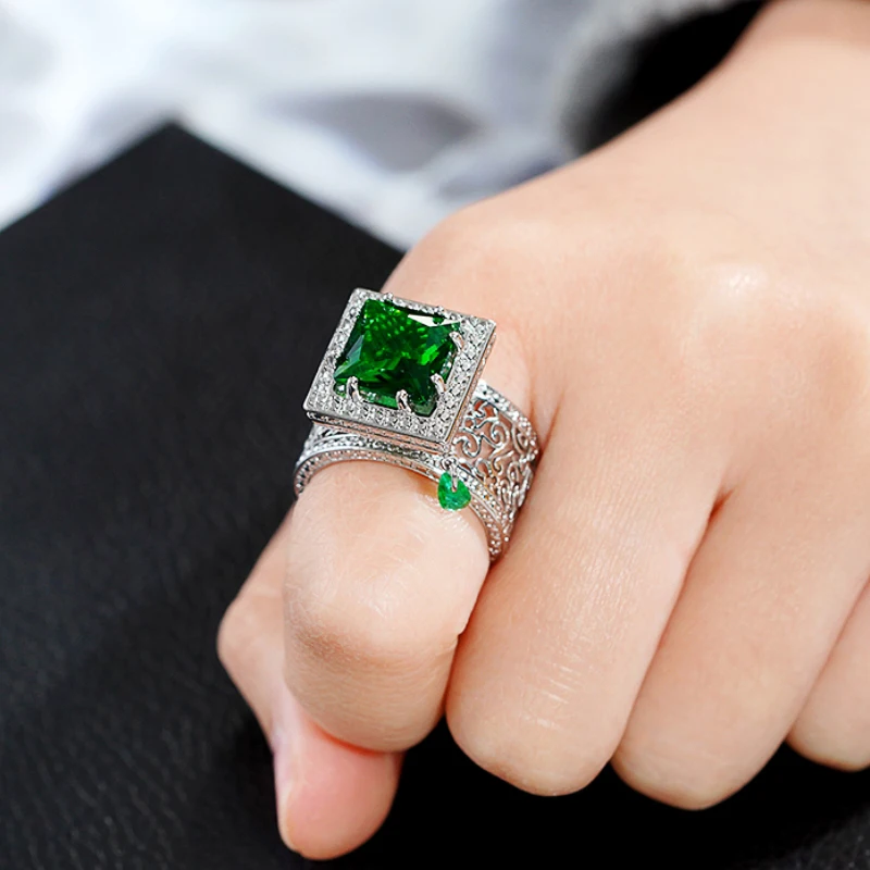Huitan Square Green Cubic Zirconia Rings Gorgeous Hollow Pattern Women Accessories Unique Wedding Rings Gift New Trendy Jewelry