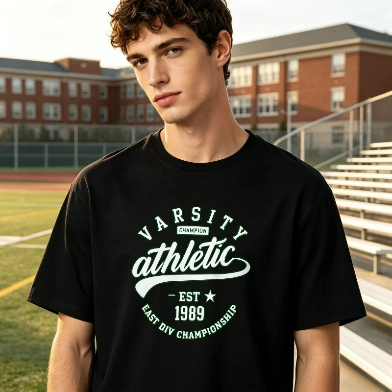 VARSITY Athletic Graphic Tee 100% Cotton Vintage College Green Print Casual Short Sleeve Men Streetwear Tops