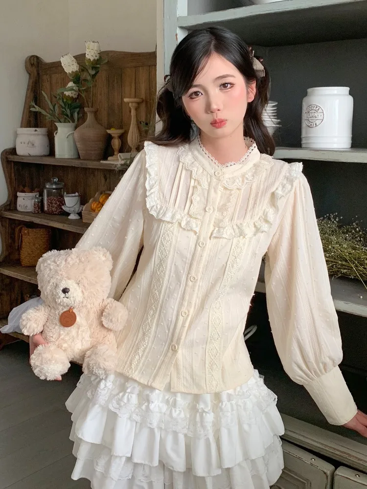 

Fashion Sweet Lolita Stand Collar Lace Shirt Women Spring Autumn Slim Fit White Blouses Y2k Long Sleeve Blusas De Mujer
