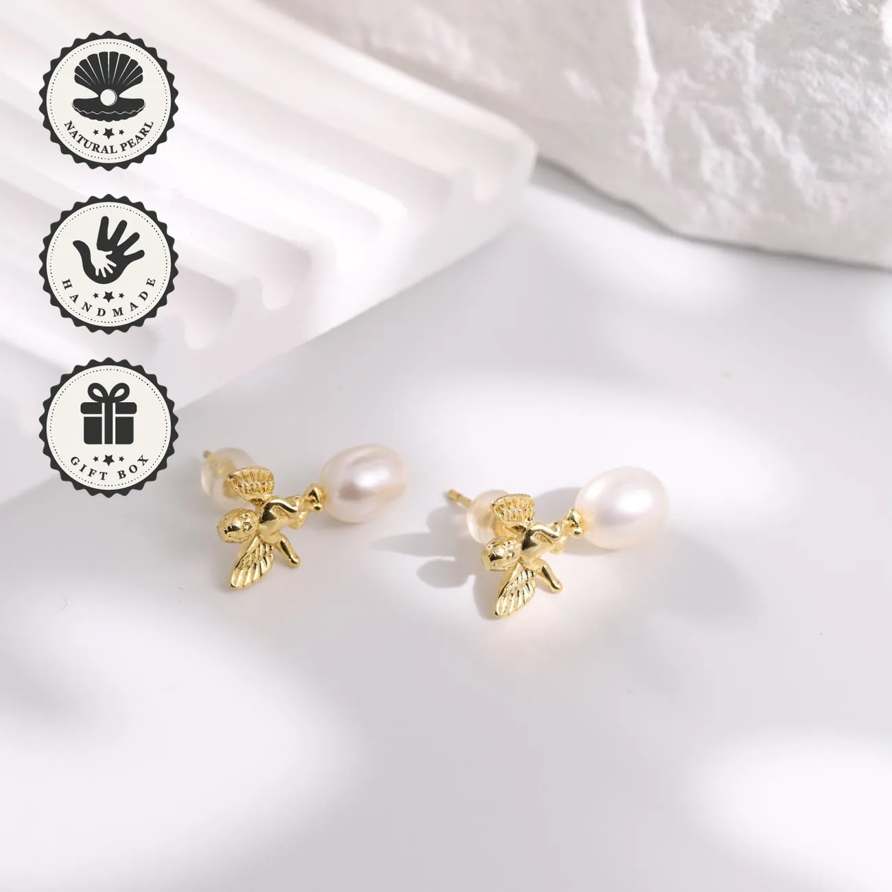 

Mysoya Golden Angel Earrings Rice Freshwater Pearl 6–7mm Gift Box Valentine’s Day Birthday Gift For Her