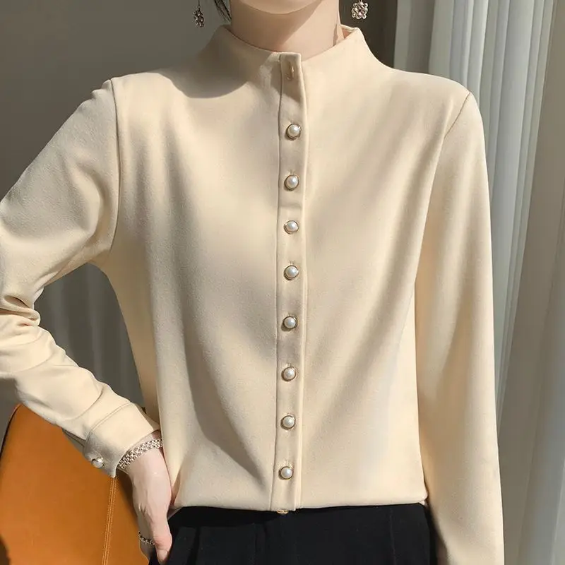 New Autumn Winter Thick German Velvet Jacket Women Double-sided Brushed Pearl Button Stand Collar Shirt Large Loose Base