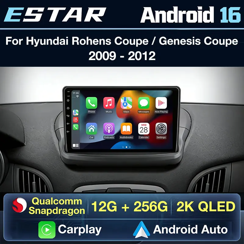 For Hyundai Rohens Coupe Genesis Coupe 2009 - 2012 Wireless Carplay Auto Android 16 2K Screen Multimedia Octa Core Stereo BT DSP