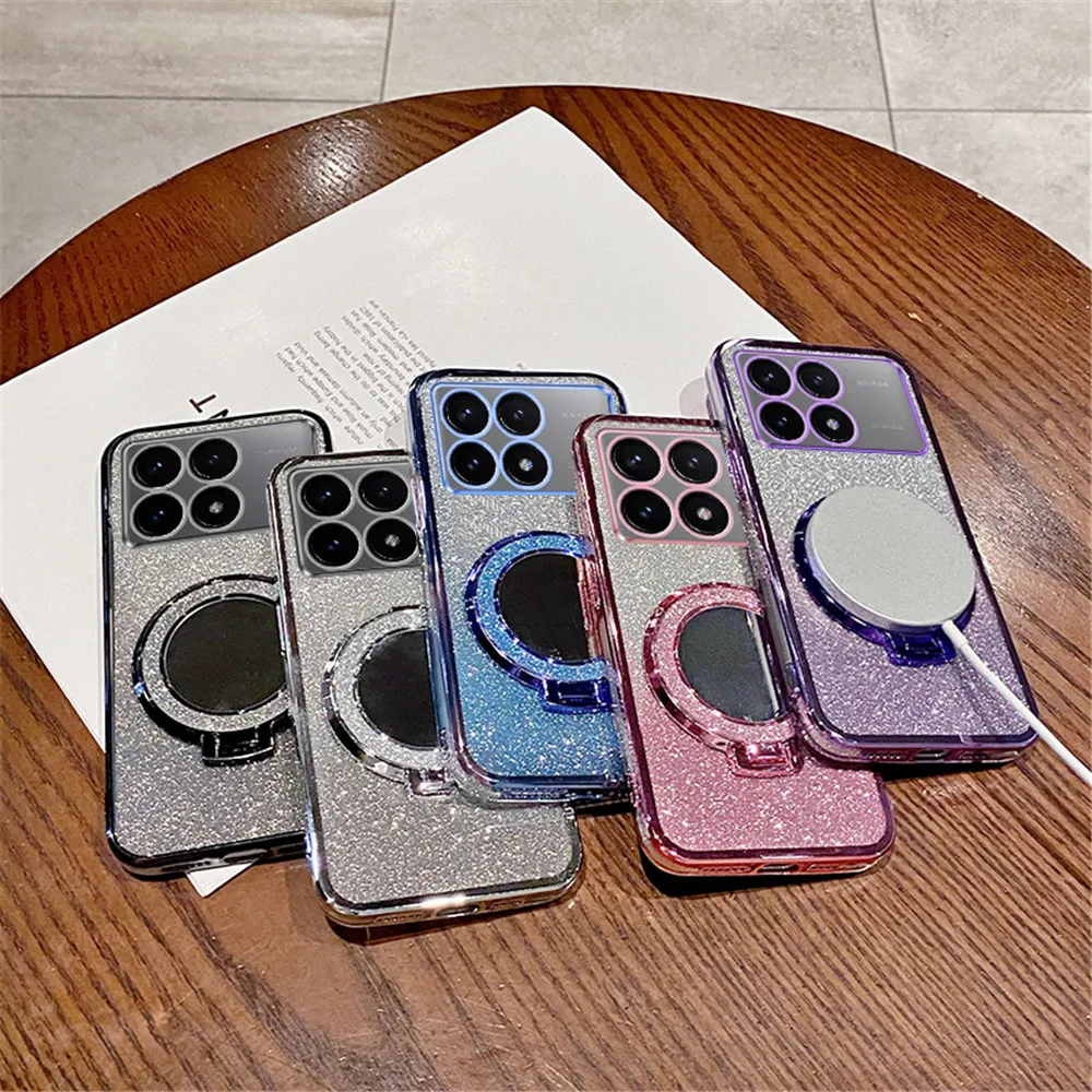 Luxury Mirror Stand Glitter Case For Xiaomi Mi POCO X6 X5 M6 Pro X3 NFC C65 C55 Couqe 13T 12T 11T 13 12 11 Lite Soft Bling Cover