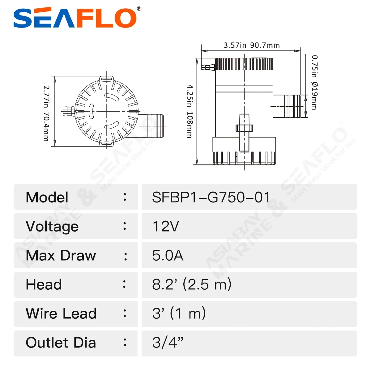 SEAFLO 12v 5.0A Bilge Pump 750gph Head 2.5m Submersible Electric Water Pump for Boat Seaplane Motor Homes And Houseboats