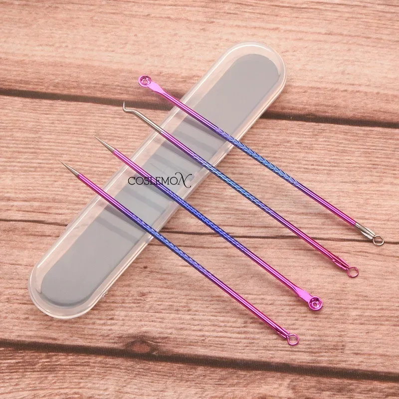 4 Piece Set Colorful Double-Headed Stainless Steel Nose Blackhead Needles Beauty Dead Skin Removal Facial Care Tool with Box