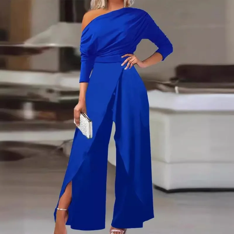 Sexy Women Corset Jumpsuit Overalls Elegant Fashion Long Sleeve One Shoulder High Waist Slit Wide Leg Pants Romper Clubwear