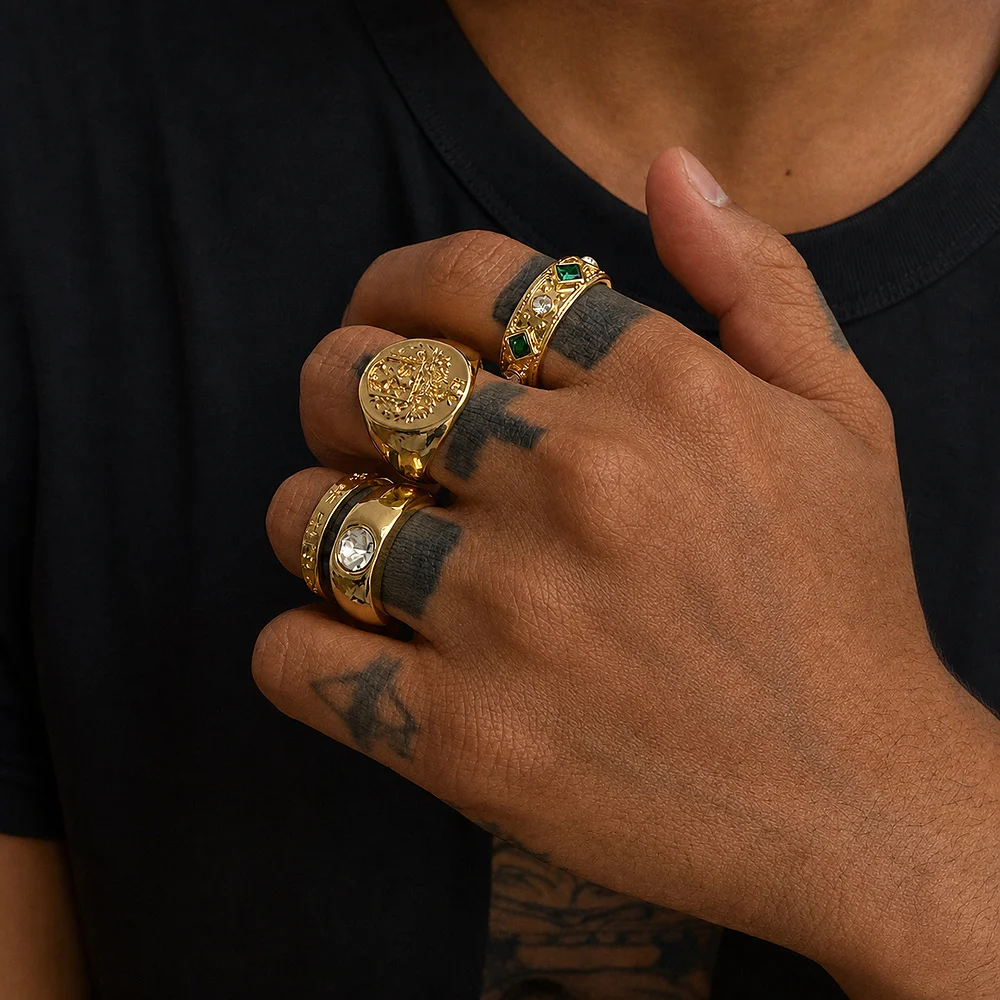 Grüner Stein-Wappenring-Set für Herren, goldfarbener Ring, silberfarbene, gravierte Bänder, Vintage-Königs-Siegelring, Schmuck, Hip-Hop-Geschenk – Detail 2