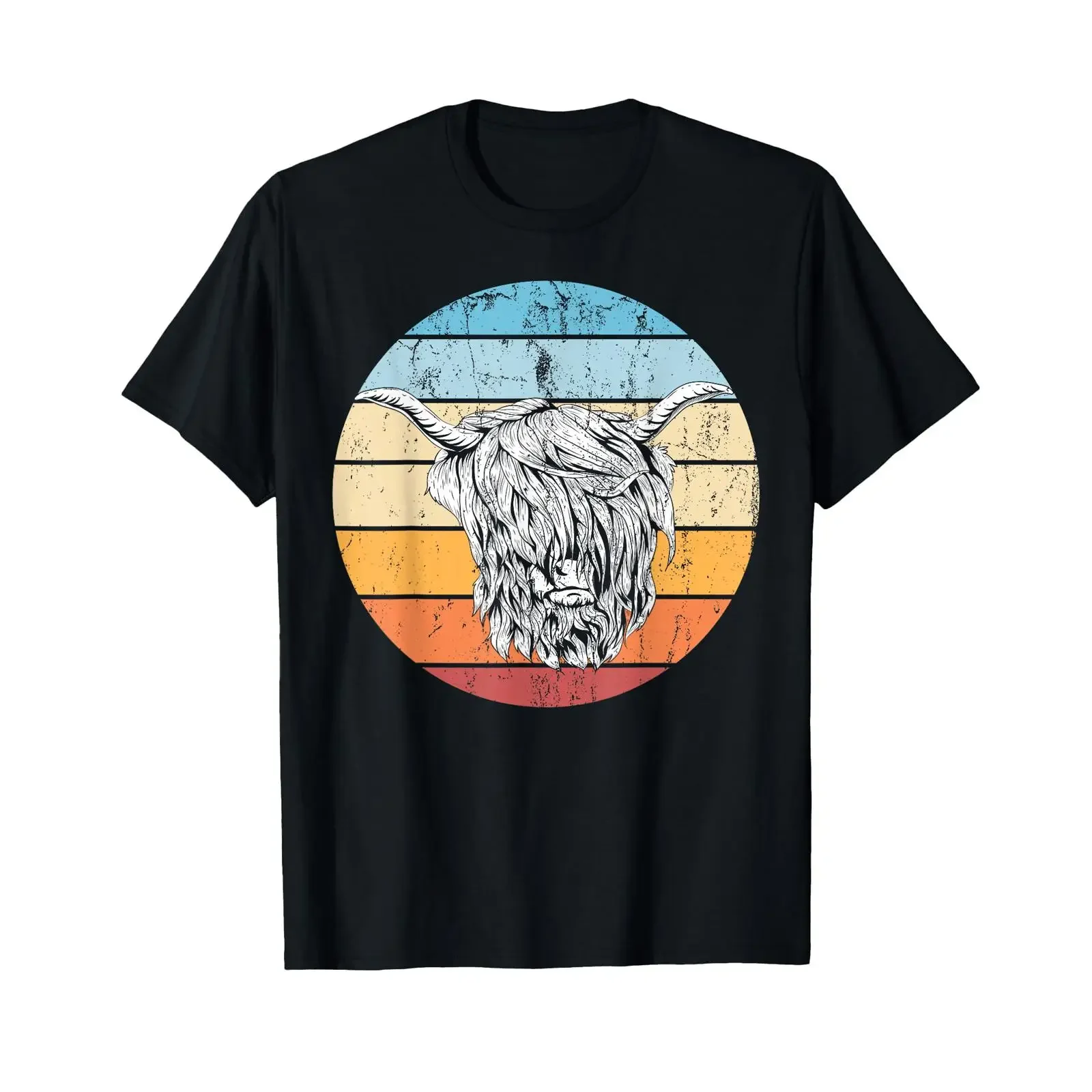 Retro-T-Shirt mit schottischer Hochlandkuh-Motiv, Vintage-Look, lässig, vielseitig kombinierbar, modisch, bequem, ideal für den täglichen Gebrauch, Designerkleidung.