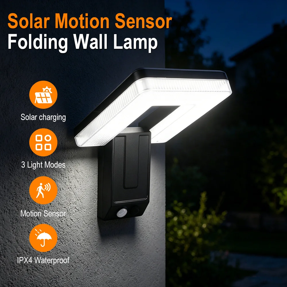 Faltbar 120 °   LED-Solarleuchte mit Bewegungssensor Kabellose Außenwandleuchte 3 Modi Wasserdichte Straßenlampe für Garten und Hof