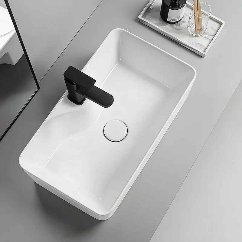 Elegant Ceramic Vessel Sink, Rectangular Design Ceramic Wash Basin - Ideal for Modern Bathroom Fixtures, Suitable for Dressing Rooms, Vanities, Bathrooms view 3