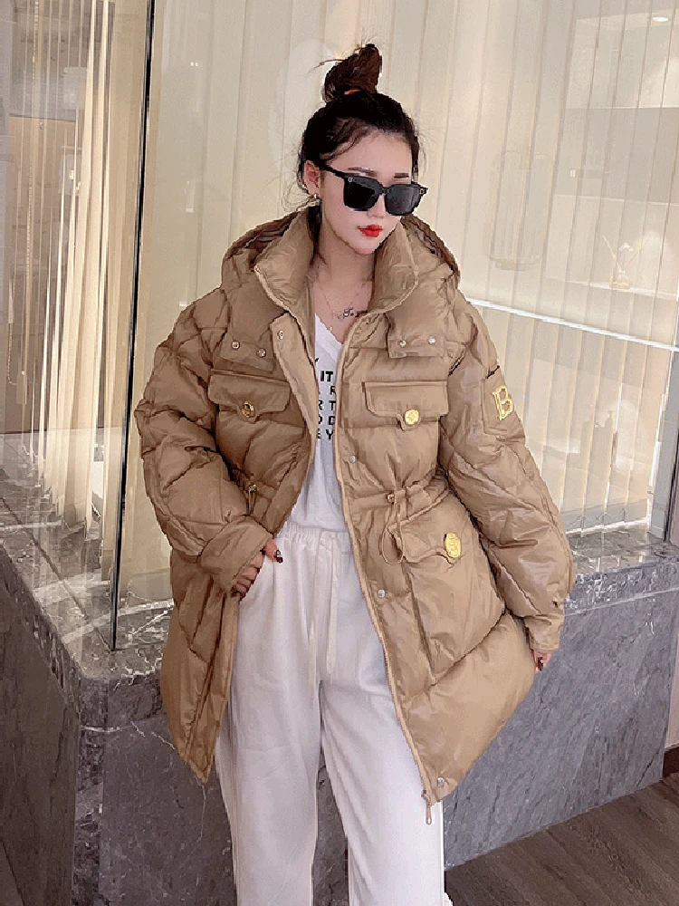 2022 Winter Jacket Women Short Parkas Fashion Pocket Hooded Down Jackets Streetwear Letter Loose Cotton Coat Female