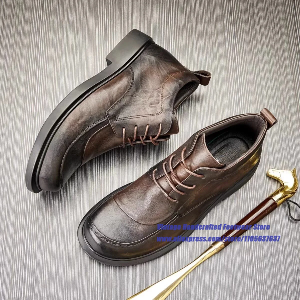 Thick Sole Brown/black Leather Men's Shoes Height Increasing Lace-up Business Dress Shoes ﻿Vintage Handcrafted Men's Shoes