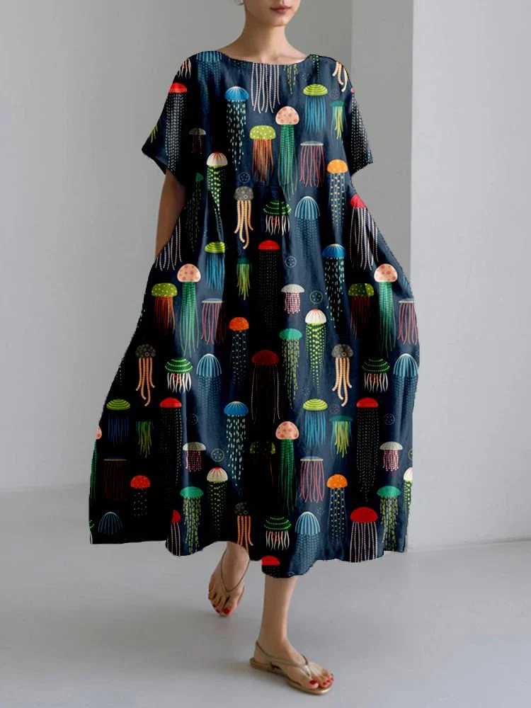 

Fresh And Elegant Plum Blossom Short-sleeved Dress For Women Plus Size Loose Short-sleeved Dress For Women With Wide Hem Dress