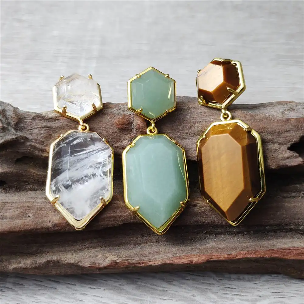 FUWO Wholesale Elegant Natural Quartz Drop Earrings,Golden Plated Shield Shape Jewelry For Women Wedding Gift 5Pairs/Lot ER039