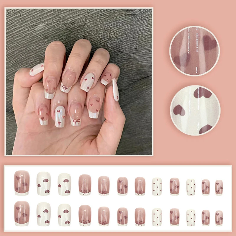 

24Pcs French Love Bow Press On Nails Cute And Versatile Design False Nail For Women Girls Removable Wearable Art