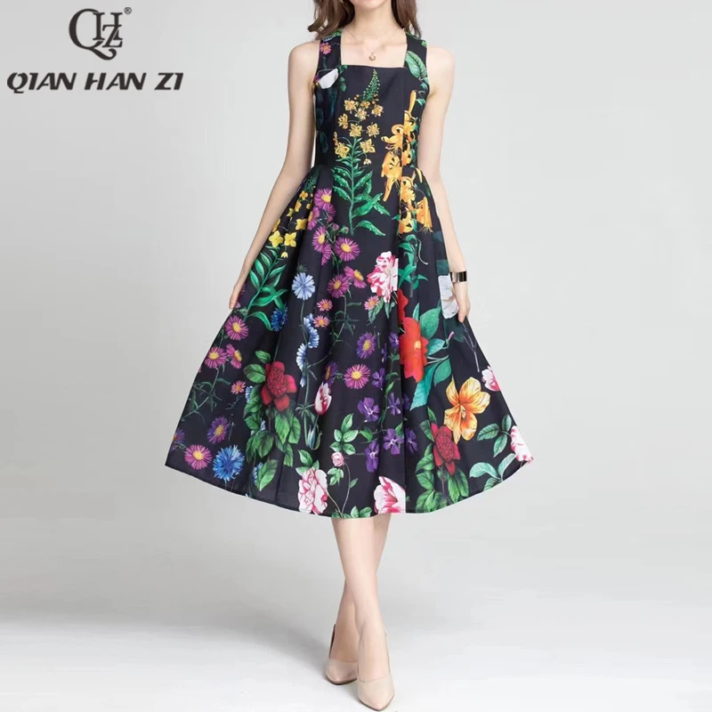 

Qian Han Zi Summer Designer Fashion Paghetti Strap Dress for women amazing floral print luxurious beaded Slim midi dress