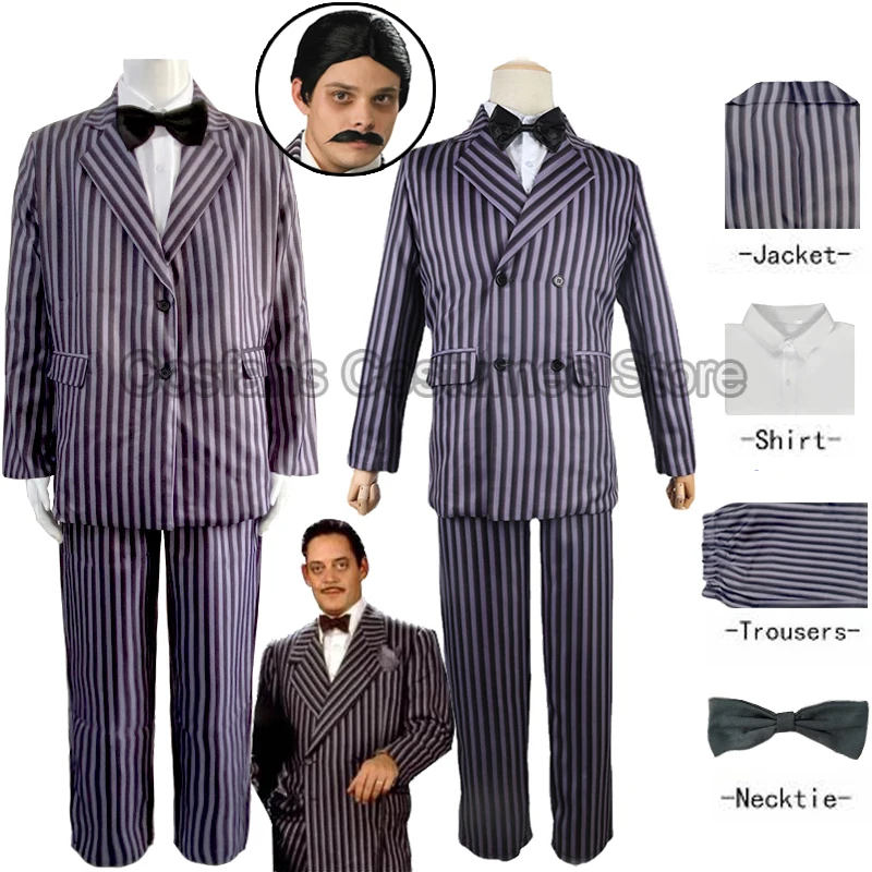 Gomez Addams disfraz de Morticia para adultos y niños, traje de Cosplay de Anime, pelucas de Halloween, Carnaval, abrigo, camisa, pantalón, corbata, uniforme de fiesta