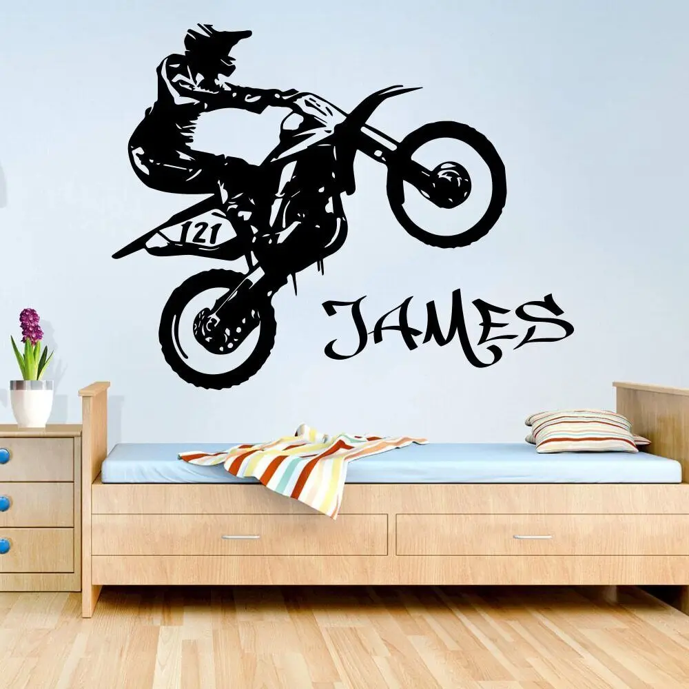 Custom Name Motorbike Wall Decal Boy Room Kids Room Personalized Name Scooter Autocycle Dirt Wall Sticker Bedroom Vinyl Decor