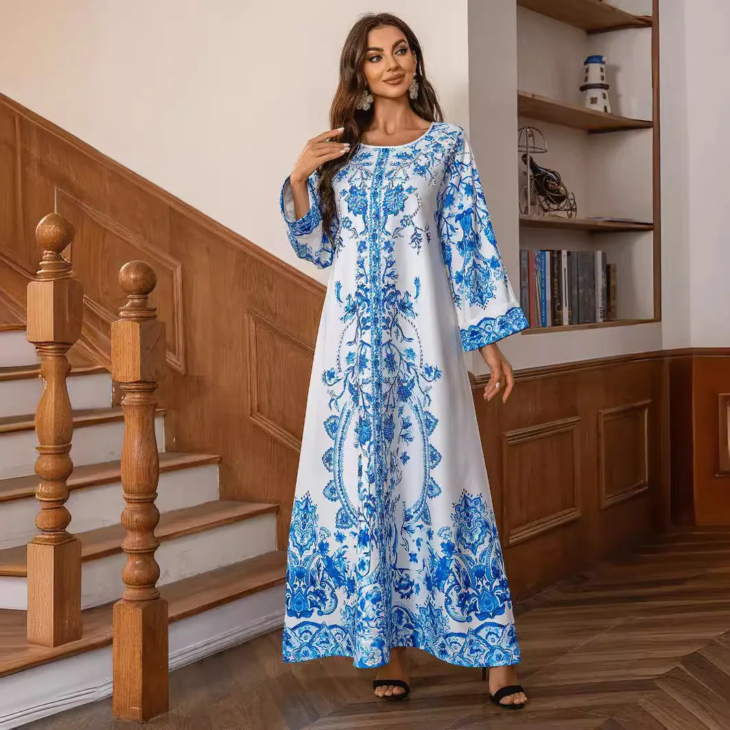 ZD029 Muslim Robe High Density Hot Stamped Diamond Nail Bead Women's Blue and White Porcelain Elegant Round Neck Dress Abaya