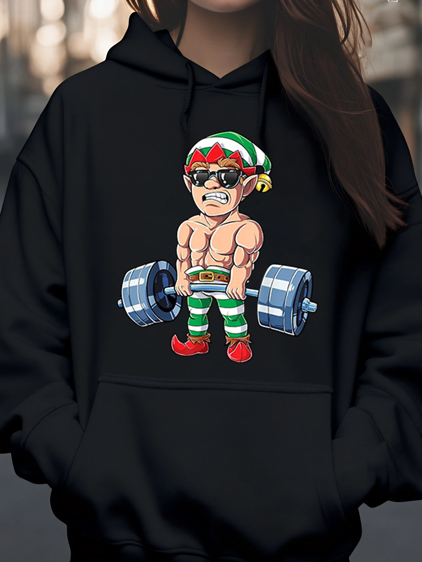 

Рождественская толстовка с принтом штанги и подъемом эльфа, праздничный подарок для фитнеса, повседневная одежда унисекс