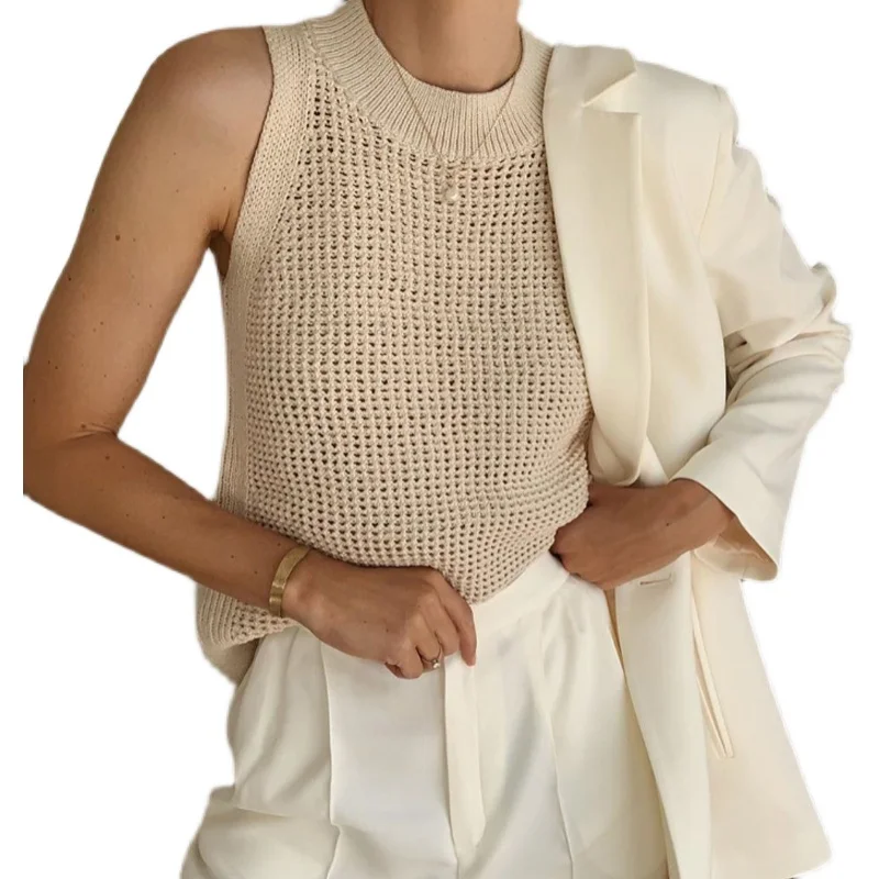 

Summer Hollow out Svel Knitted Ice Silk ort Top Women's Thin round Ne Pullover Vest Outerwear Personali Casual Wear