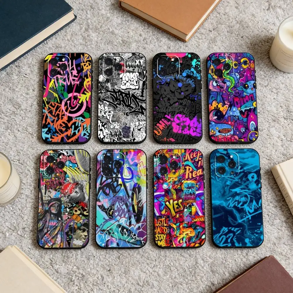 

Cool Colorful Graffiti Phone Case For iPhone 16,15,14,13,12,17,Pro Max,Plus Silicone Black Case