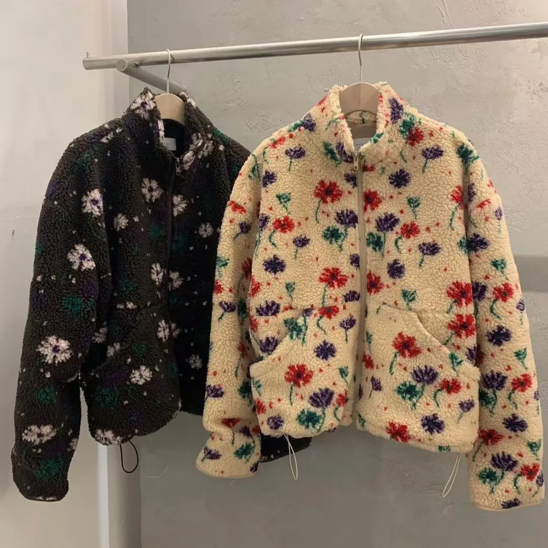 معطف نسائي شتوي أنيق من القطن Jaet فضفاض حلو مزين بالزهور من فرو الضأن وسحاب دافئ بياقة واقفة معطف طويل Sve بطول منتظم