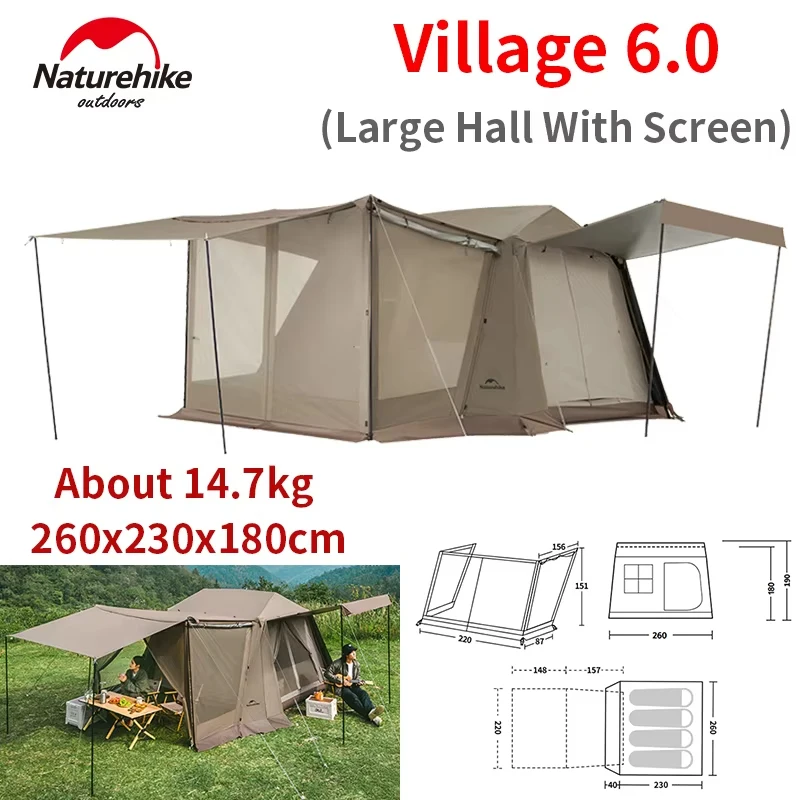 Naturehike Village 6.0 Camping Tent Quick Open Large Space Hall With Screen 150D Black Coated UPF11000+ One Touch Automatic Tent