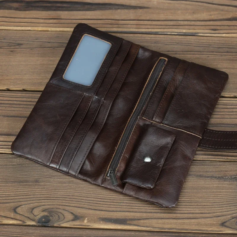 Genuine Leather Men\'s Long Wallet Real Cowhide Leather Long Purse Men Women Smooth Skin Leather Card Purse Anti Theft