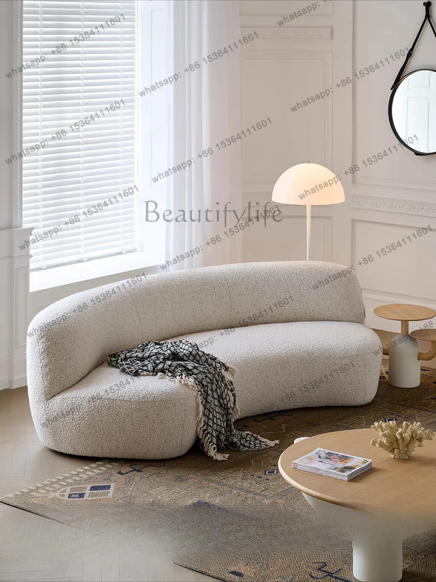 Small apartment retro cream style living room curved sofa horizontal hall designer creative fabric