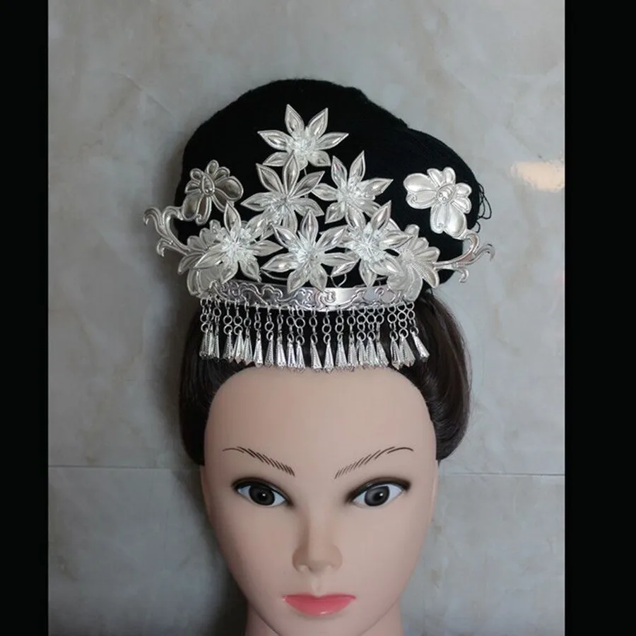 Miao Silver Headdress Stage Dance Wear Chinese Minority Headwear Ornaments Miao Hair Flower